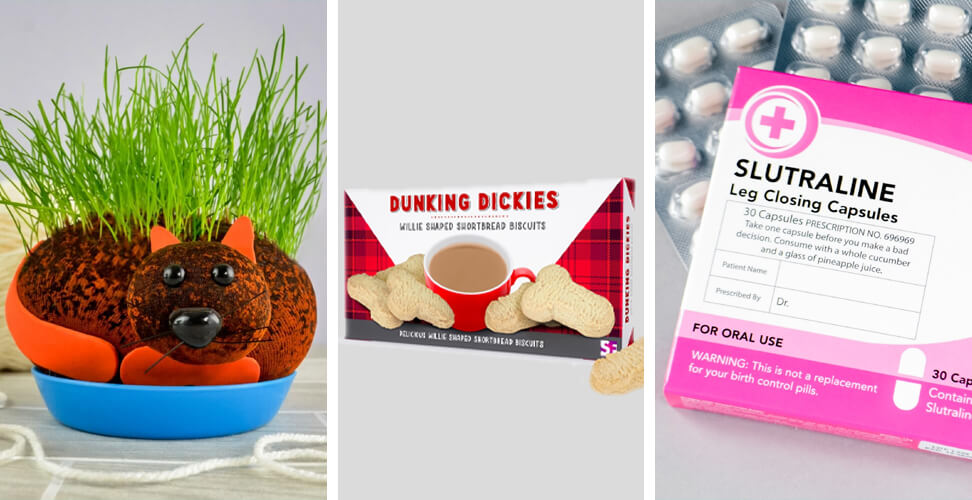 Novelty gifts &ndash; Grow Your Own Hairy Pussy, Dunking Dickies shortbread, and Slutraline novelty mints for cheeky adult fun