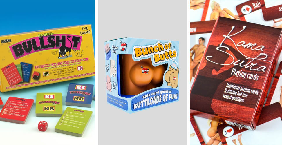 Novelty gifts &ndash; Bullshit Game, Bunch of Butts Game, and Kama Sutra playing cards, funny and cheeky adult party games
