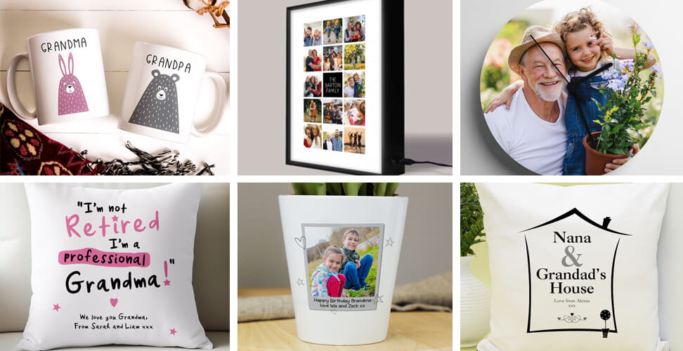 Selection of personalised gifts for grandparents including mug, cushion, clock, plant pot, and light box