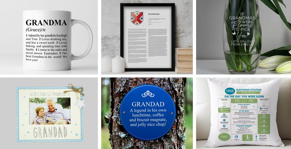Selection of personalised gifts for grandparents&rsquo; home including mug, coat of arms print, vase, photo frame, blue heritage plaque, cushion