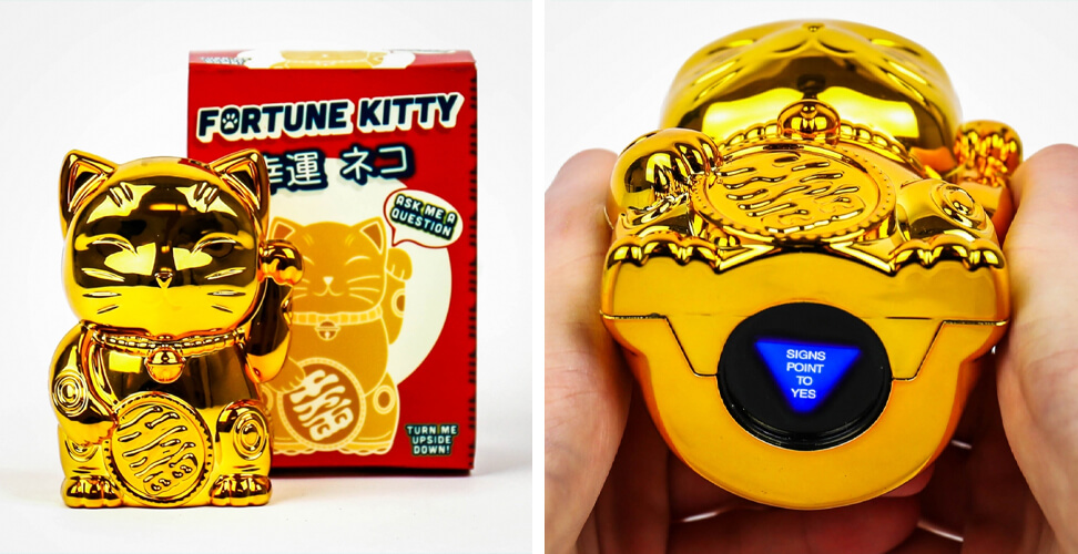 Fortune Kitty figurine and decision maker. Retro waving lucky cat for desk d&eacute;cor, good luck charm and unique nostalgic Christmas or birthday gift idea