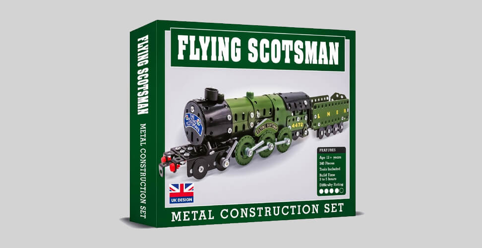 Flying Scotsman metal construction set, retro model building kit for creating vintage train replicas, STEM educational toy and nostalgic Christmas gift idea