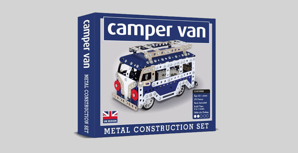 Camper van metal construction kit, retro DIY model building set for vintage camper van replicas, STEM educational toy and nostalgic Christmas gift idea