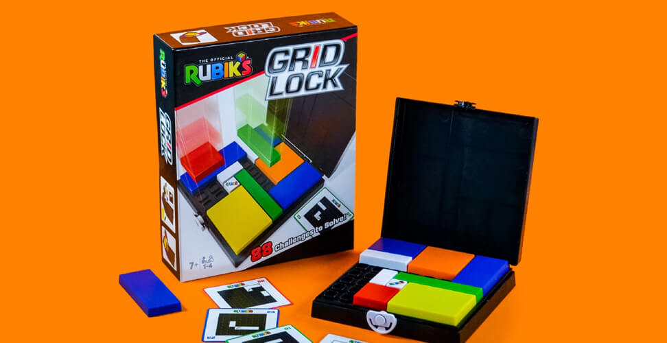 Rubik's Grid Lock game, retro handheld puzzle toy for brain training and problem-solving, nostalgic gaming gift and unique Christmas present idea