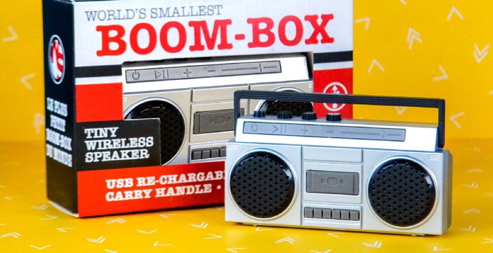 World's smallest boom box, retro mini portable stereo for music lovers, nostalgic gadget and unique Christmas or birthday gift idea