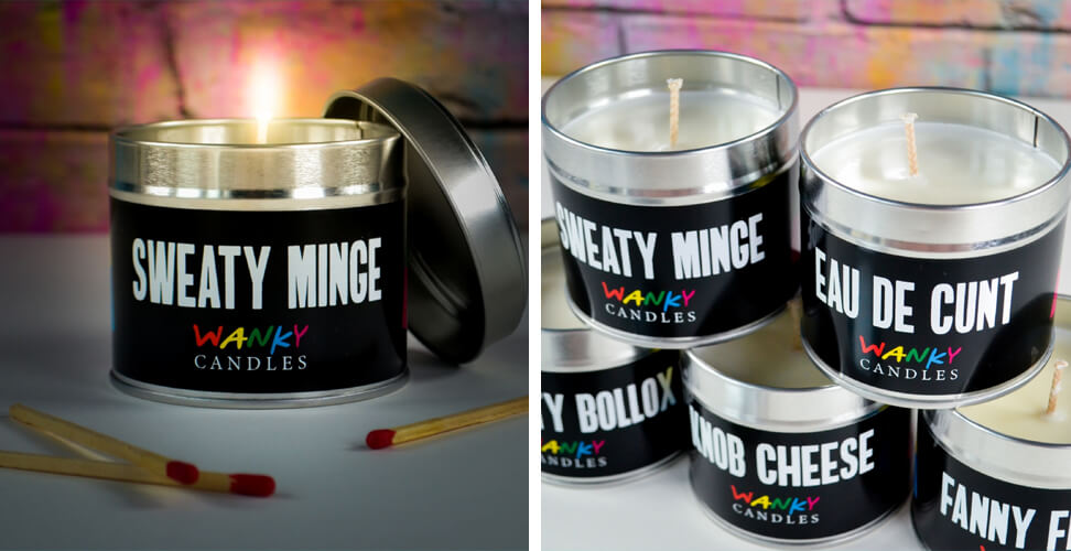 Wanky Candles novelty gifts with rude slogans like Sweaty Minge, Eau de Cunt, and Knob Cheese &ndash; funny adult gag gifts, humorous candles for parties, birthdays, or Christmas
