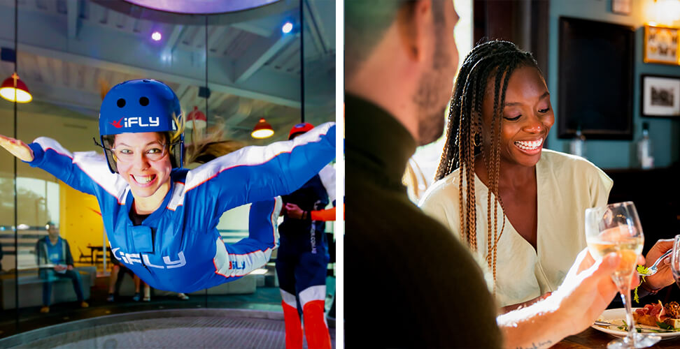Gift experiences: woman indoor skydiving and one-night hotel stay with dinner &ndash; adventure and luxury getaway present