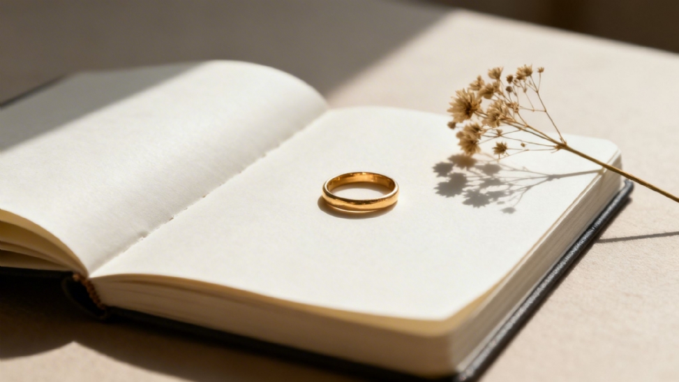 A simple golden wedding band rests on the blank pages of an open notebook, with a dried flower nearby.