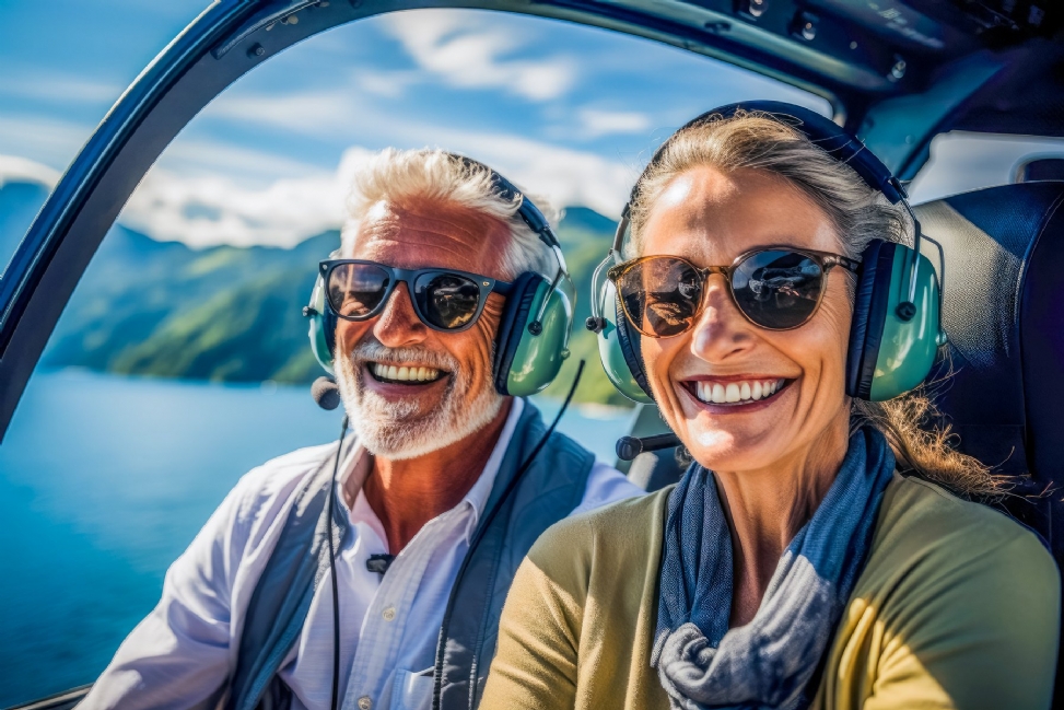 Two smiling seniors in sunglasses and headsets enjoy a scenic helicopter ride over water and mountains.