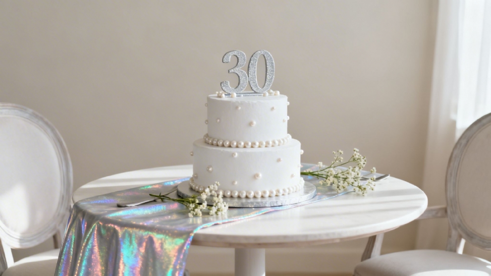 A elegant white two-tiered cake adorned with pearls and a sparkling '30' topper on a table.