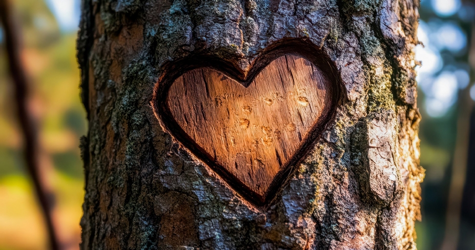 A heart shape is carved into the bark of a tree, revealing warm, smooth wood.