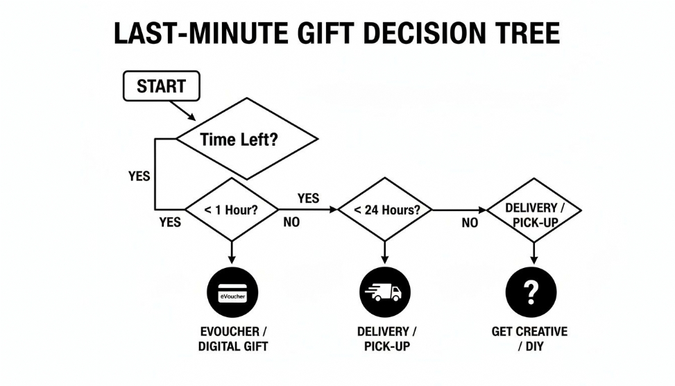 Decision tree for last-minute gift ideas, guiding choices based on time remaining.