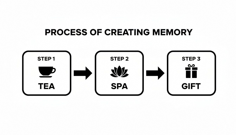 Flowchart illustrating three steps for creating a memory: tea, spa, and a gift.