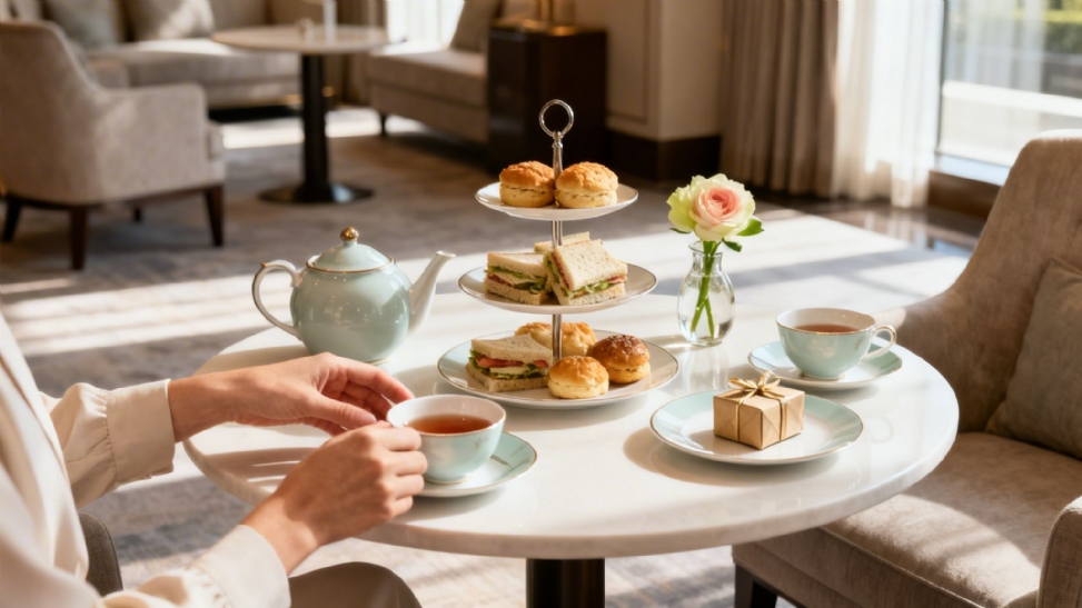 Elegant afternoon tea spread with sandwiches, scones, teapot, and a person holding a teacup.