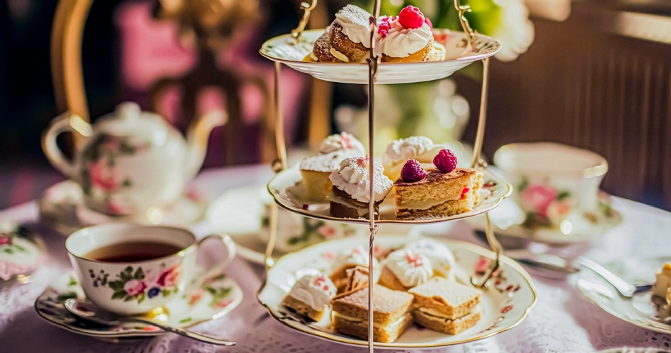 An elegant afternoon tea setting with a tiered stand of cakes and pastries, teacups, and a teapot.