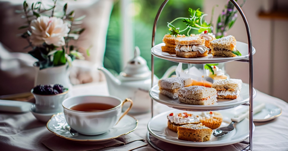 An elegant afternoon tea spread featuring a tiered stand of pastries, a teacup, and berries.