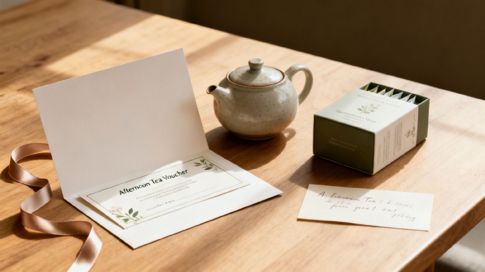 An open gift card with an afternoon tea voucher, a teapot, and a box of tea on a wooden table.