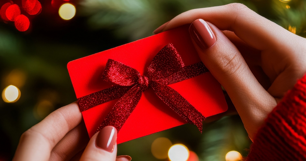 Two hands exchange a red gift card with a glittery bow against a festive bokeh background.
