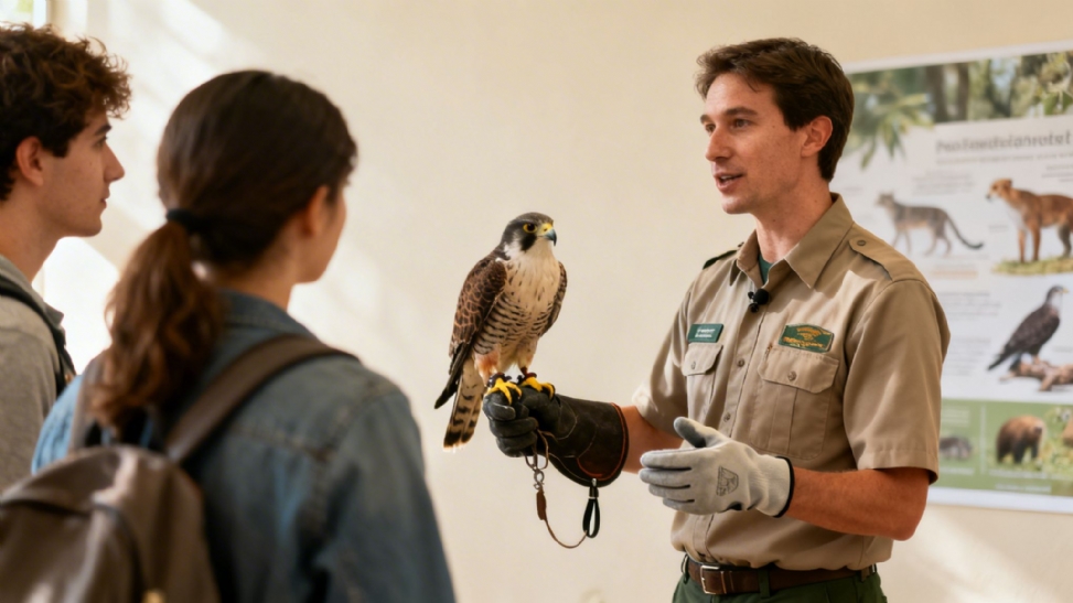 A nature educator holds a falcon on a gloved hand, speaking to two students.