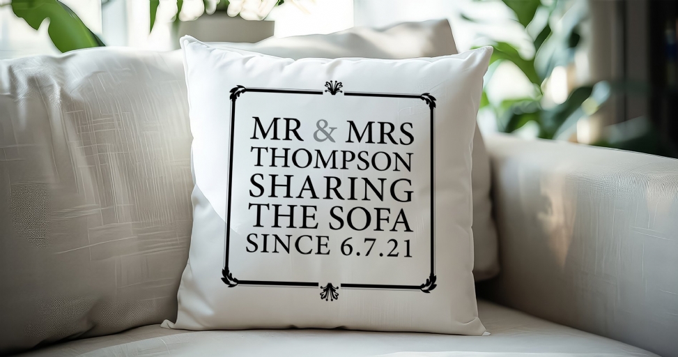 A white throw pillow on a light-colored sofa, featuring text 'MR & MRS THOMPSON SHARING THE SOFA SINCE 6.7.21'.