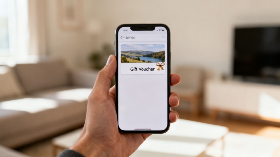 A hand holds a smartphone displaying a 'Gift Voucher' with a scenic landscape image.