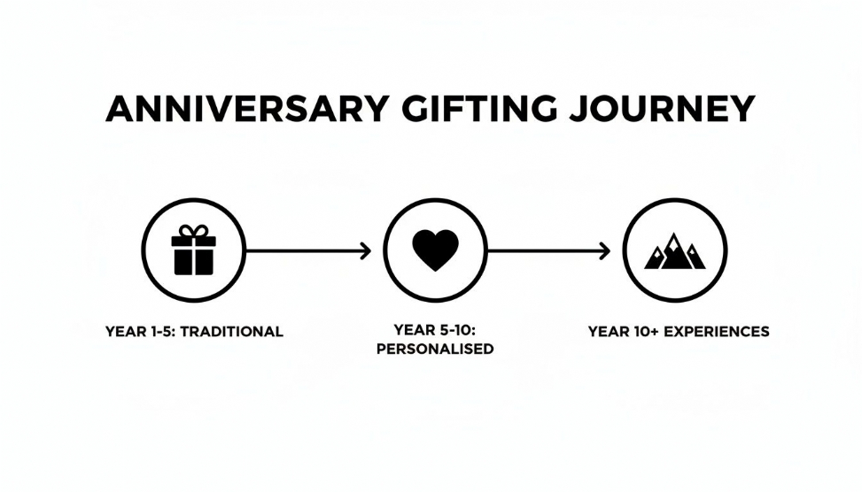 A diagram illustrates the anniversary gifting journey through three stages: traditional, personalised, and experiences.