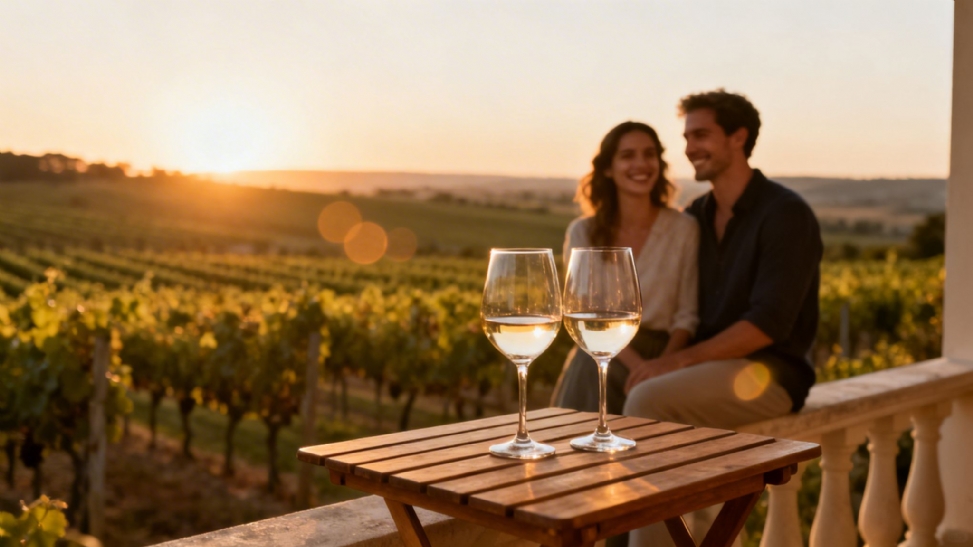 A romantic couple sips white wine, enjoying a sunset view over a lush vineyard.