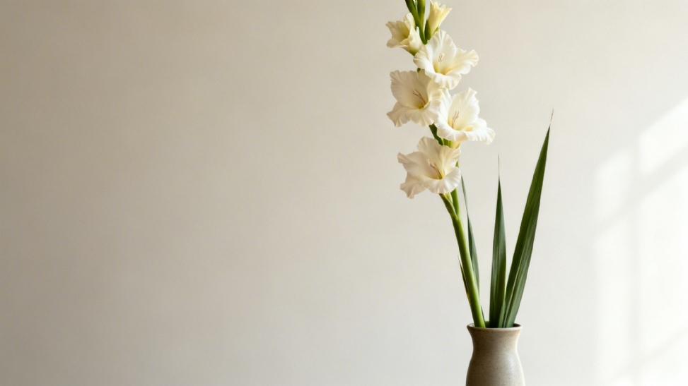 Elegant white gladiolus flowers with green stems in a speckled ceramic vase on a light background.