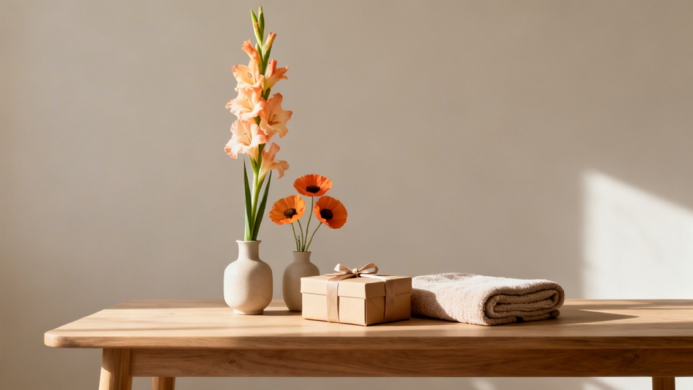 A rustic wooden table displays gladiolus, poppies, a gift box, and a towel in warm sunlight.