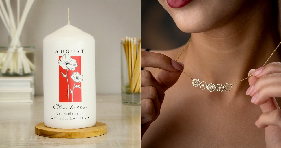 Two personalised birth flower gifts: an August poppy candle on a stand and a gold flower charm necklace.