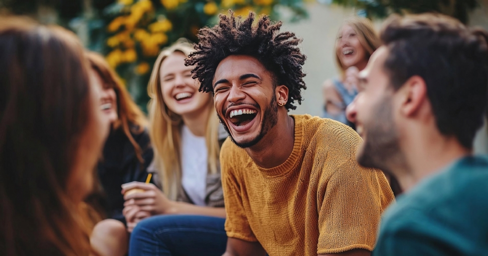 A diverse group of young friends laughing joyfully together outdoors on a sunny day.