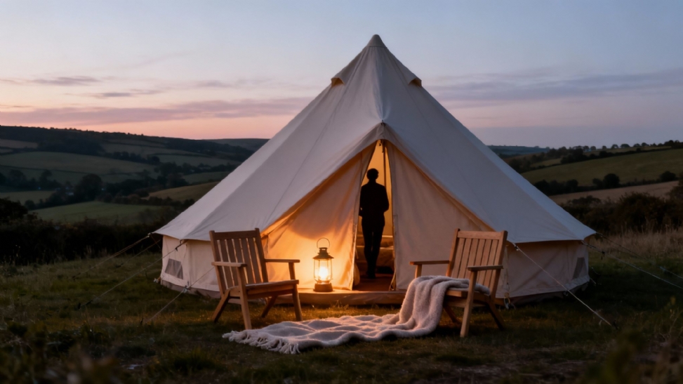 A cozy bell tent at sunset, illuminated by a lantern, with chairs and a person inside.
