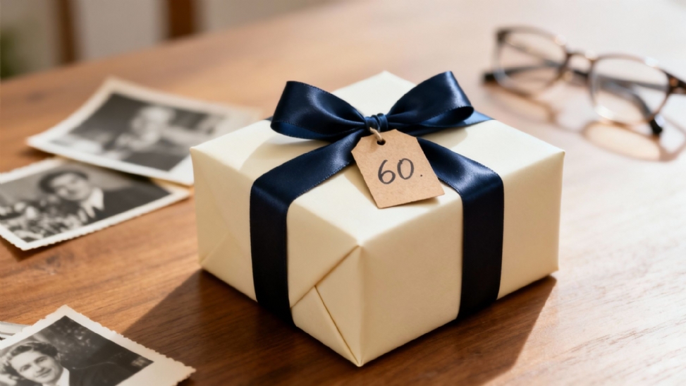 A cream gift box with a blue ribbon and '60' tag sits on a wooden table, surrounded by vintage photos.