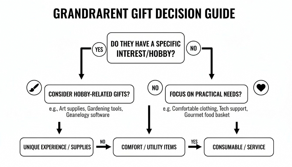 A flowchart for grandparent gift decisions, exploring hobbies, practical needs, unique experiences, and consumable items.