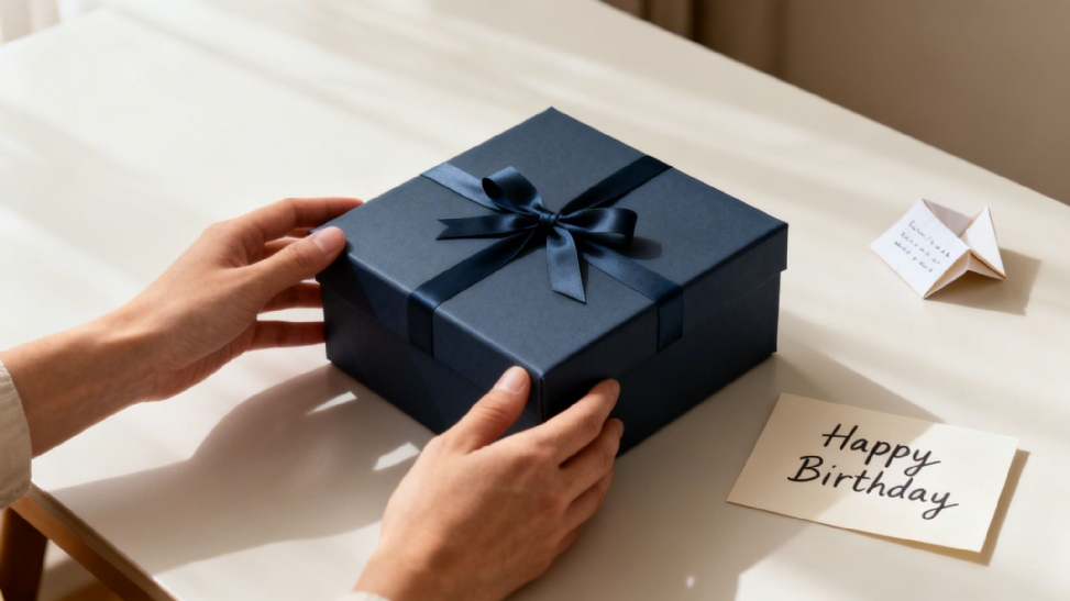 Hands hold a dark blue gift box with a ribbon, next to a 'Happy Birthday' card and a note.