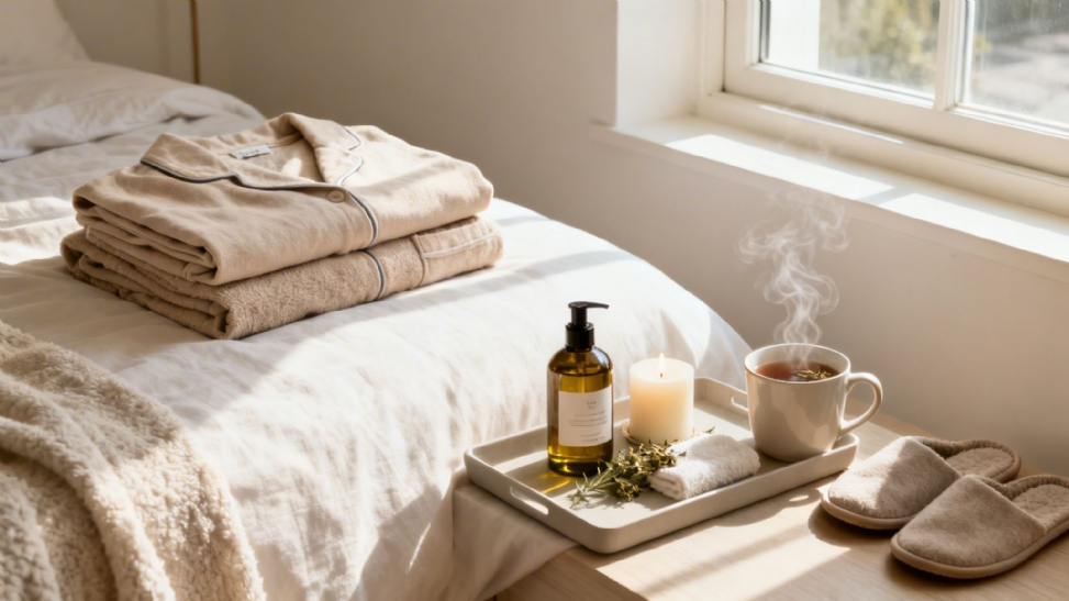 Cozy bedroom scene with pajamas, slippers, hot tea, and self-care items by a sunny window.