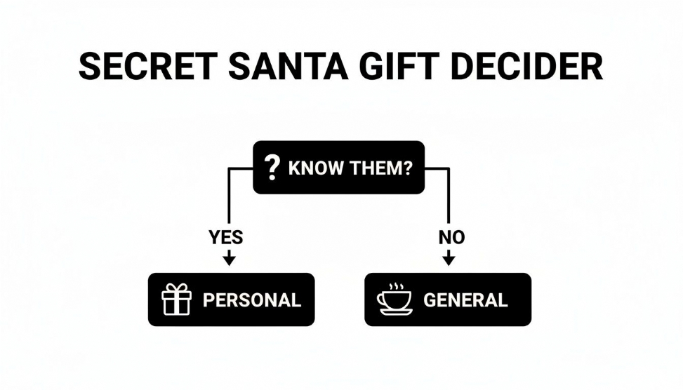 A flowchart titled 'Secret Santa Gift Decider' guiding gift choices: personal if you know them, general if you don't.
