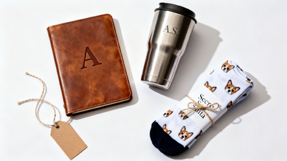 A flat lay of personalized gifts: a brown notebook, a stainless steel tumbler, and corgi-patterned socks.
