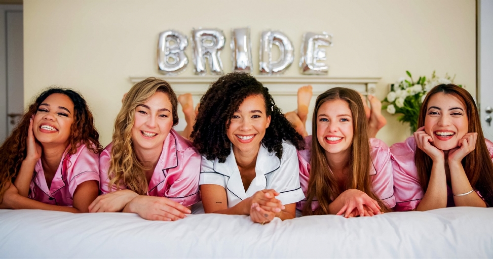 Five happy women, a bride and bridesmaids, in pajamas lying on a bed with 'BRIDE' balloons.