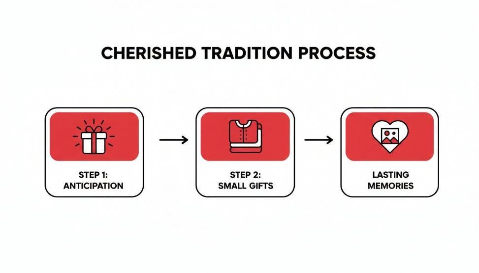 A diagram illustrating the cherished tradition process with steps: Anticipation (gift), Small Gifts (sweater), and Lasting Memories (photo heart).