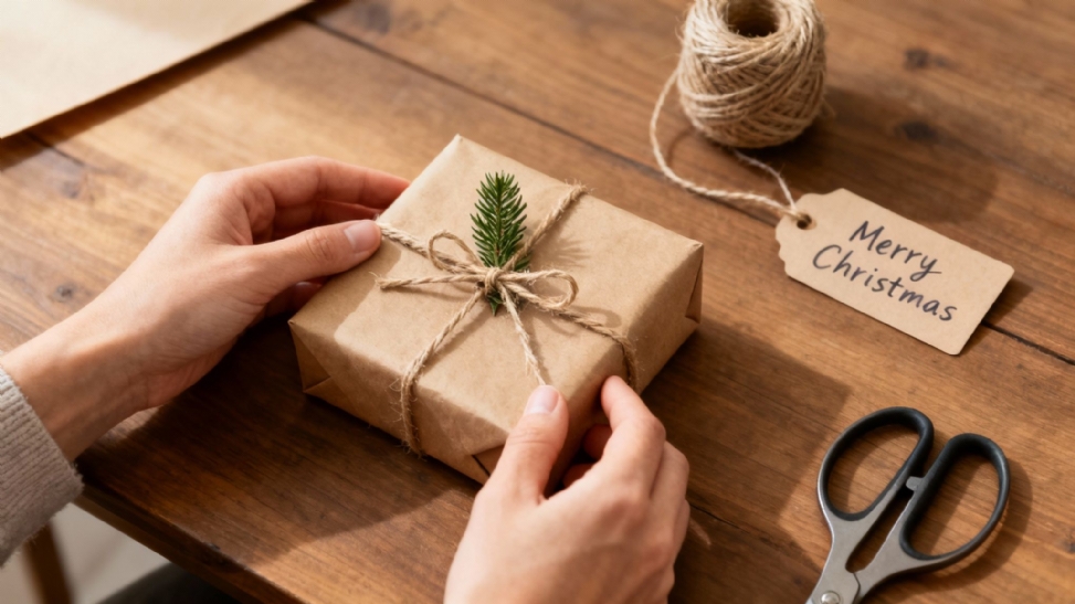 Hands wrapping a Christmas gift in brown paper with twine and a green sprig on a wooden table.