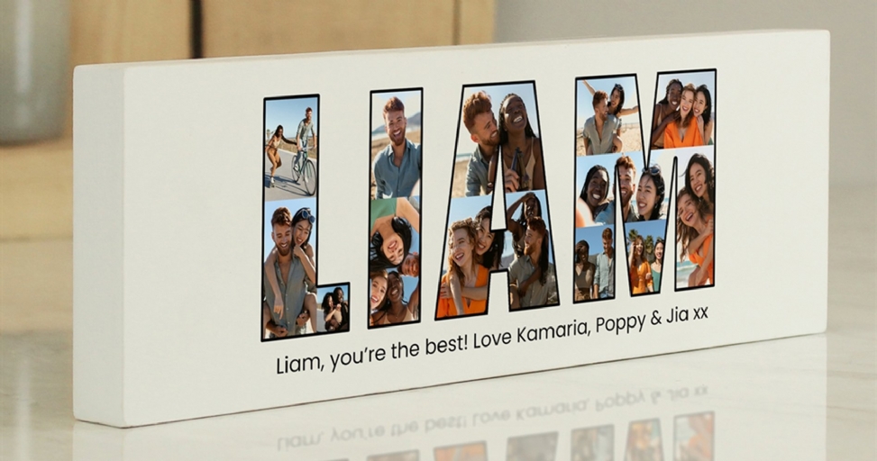 A personalized photo block spelling 'LIAM' with various pictures of friends and a heartfelt message.