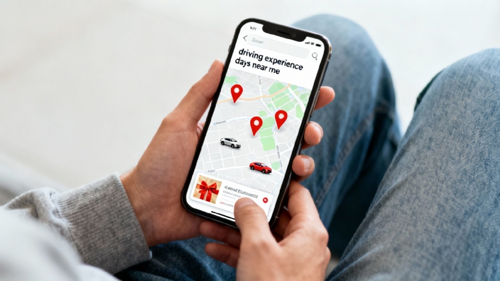 A person holds a smartphone displaying a map search for 'driving experience days near me' with location pins and car icons.