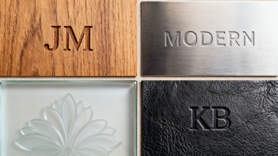 Four different engraved material samples, including wood, metal, glass, and leather, showcasing various designs.