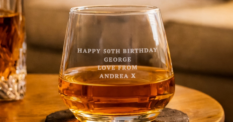 A clear glass filled with amber whiskey, engraved with 'Happy 50th Birthday George Love from Andrea X'.