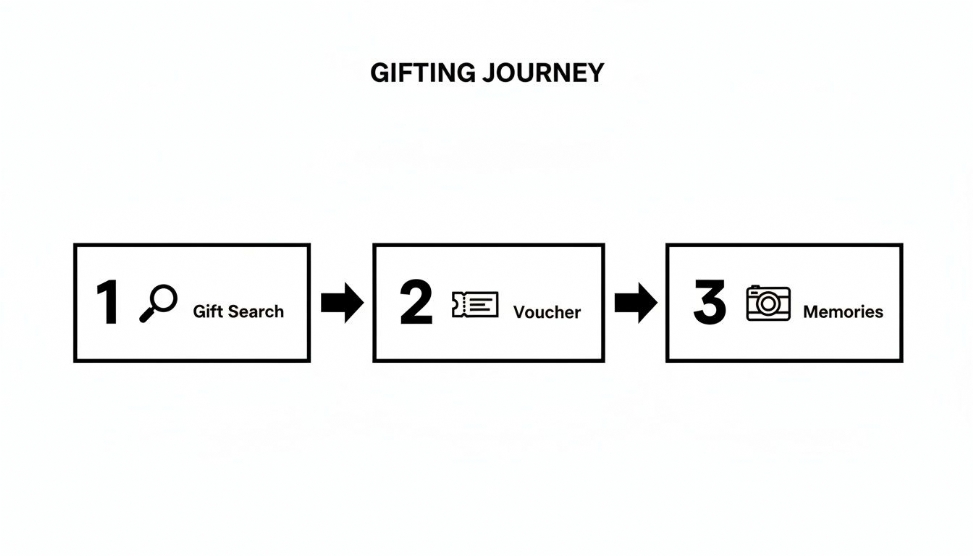 A three-step flowchart illustrating a gifting journey: 1. Gift Search, 2. Voucher, 3. Memories.