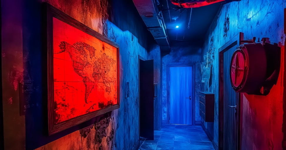 A mysterious escape room hallway illuminated by dramatic red and blue lights, featuring a glowing world map.