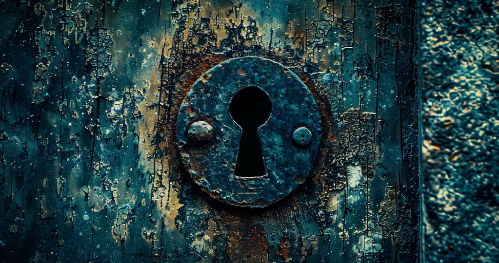 A rusty, dark teal keyhole on an aged, peeling wooden surface, with a textured wall on the right.