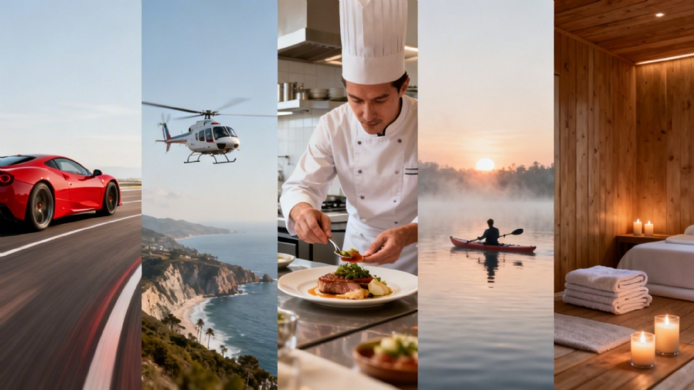 Collage of luxurious experiences including a sports car, helicopter, gourmet dining, kayaking, and a serene spa.