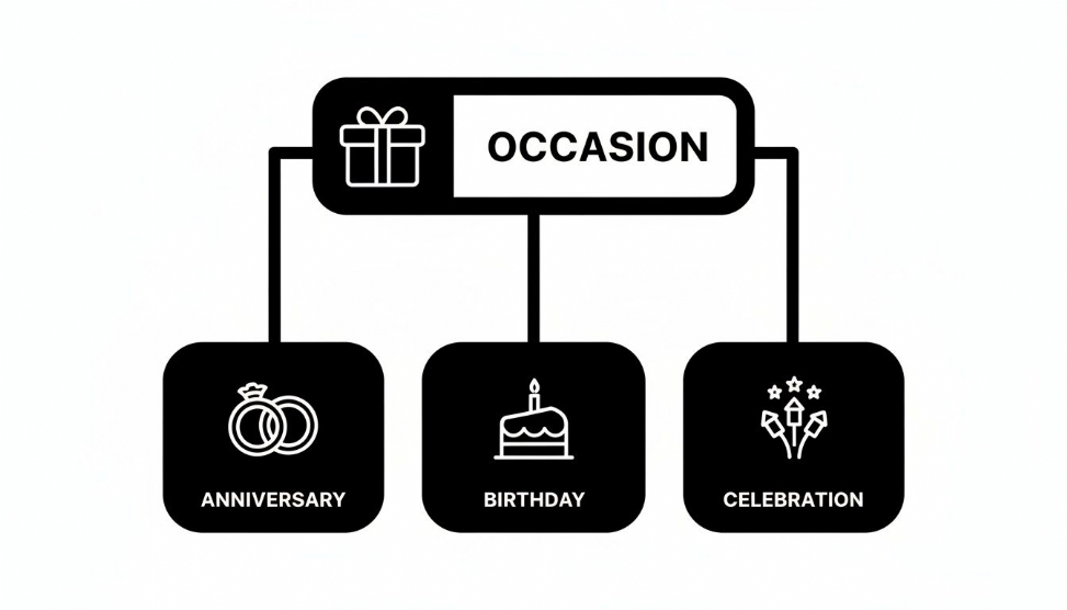 Occasion concept map showing Anniversary, Birthday, and Celebration, each with its respective icon.